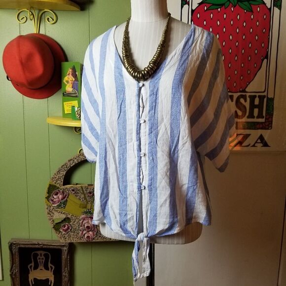 GAP Tops - Gap White Blue Linen Tie Shirt Small